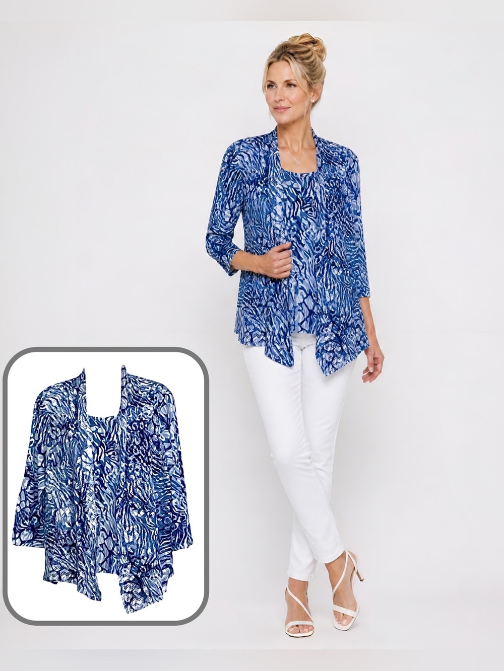 Women’s Alfred Dunner Blue & White 2 in 1 Blouse Cardigan Top